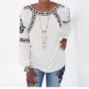 Chico's White and Black Embroidered Blouse